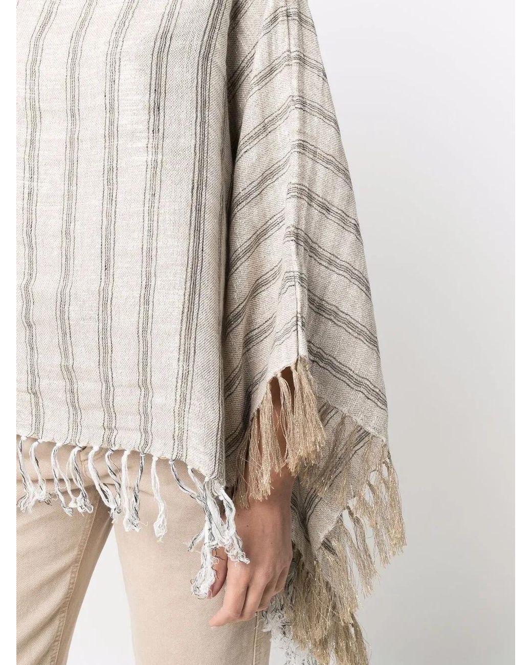 Brunello Cucinelli White Striped Tassel-Trim Poncho