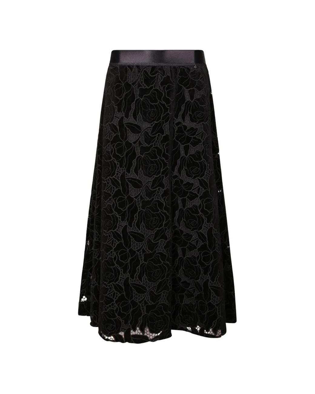 Nissa Black Floral-Lace Flared Skirt