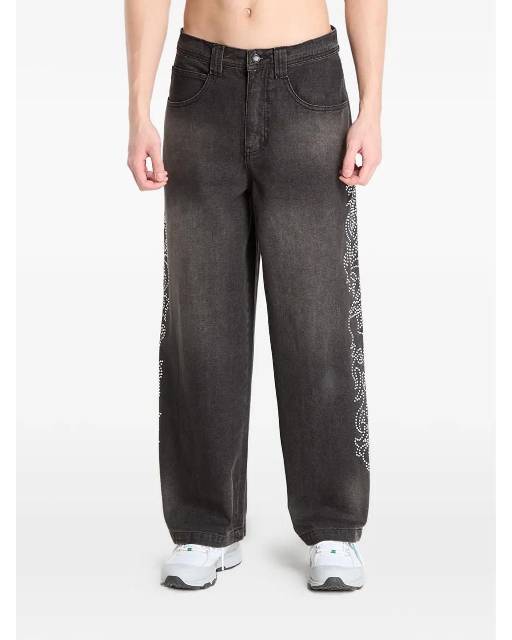 RIPNDIP Gray Rhinestone-Embellished Faded Jeans for men