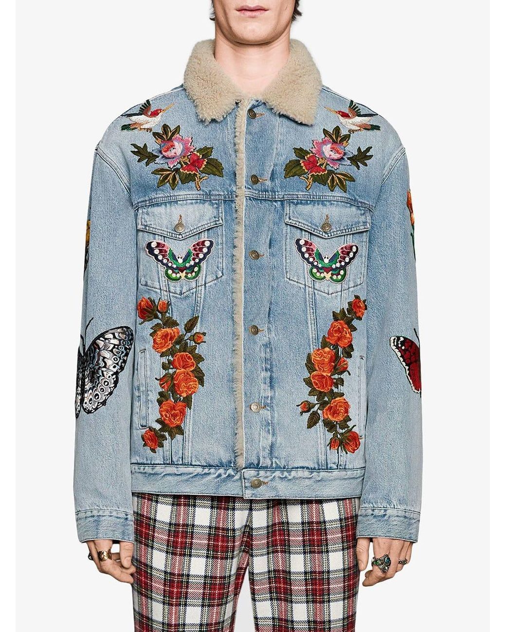 embroidered denim jacket with shearling