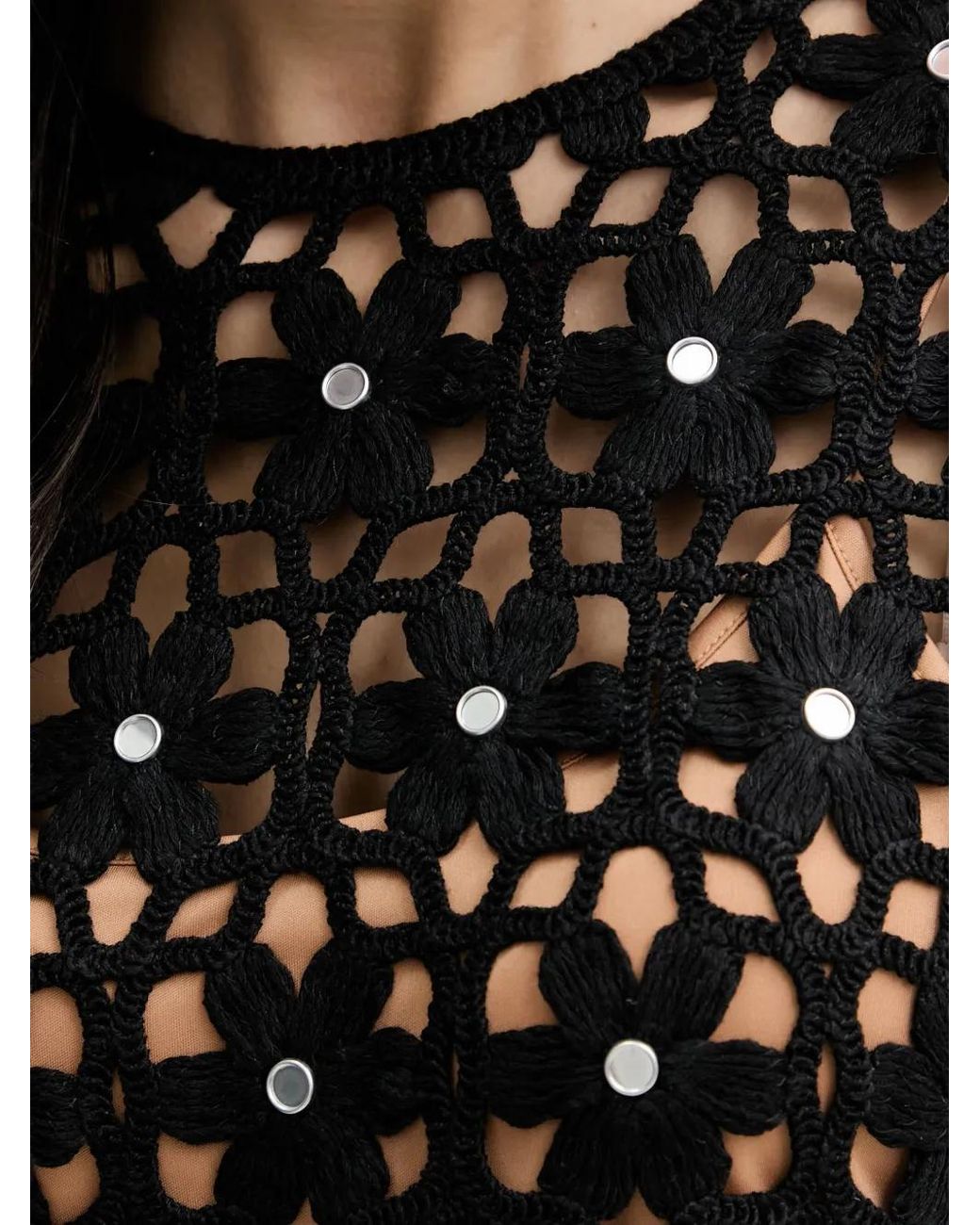 Michael Kors Black Mirror-Embellished Floral Crochet Top