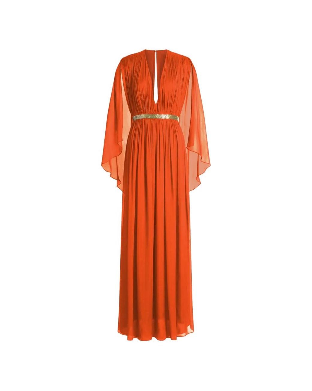 Alberta Ferretti Orange V-Neck Belted Dress