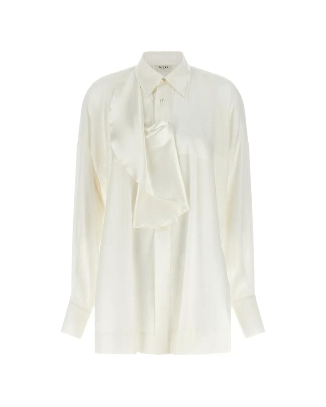 DI.LA3 PARI' White Asymmetrical Jabot Silk-Satin Shirt