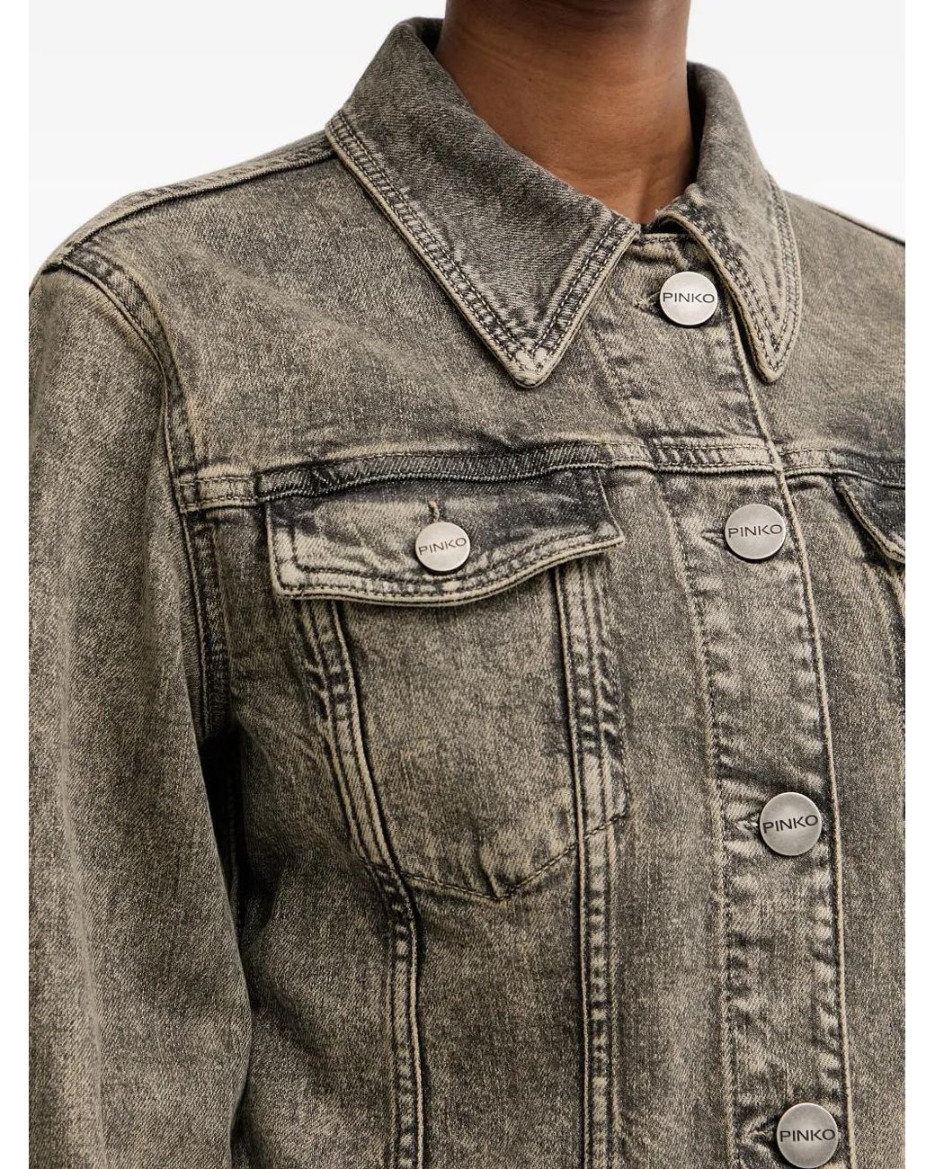 Pinko Gray Acid-Wash Buckle-Detail Denim Jacket