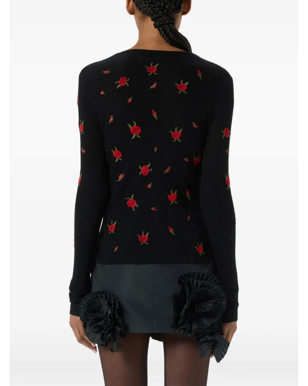 Blumarine Black Wool Jumper With Rose Embroidery