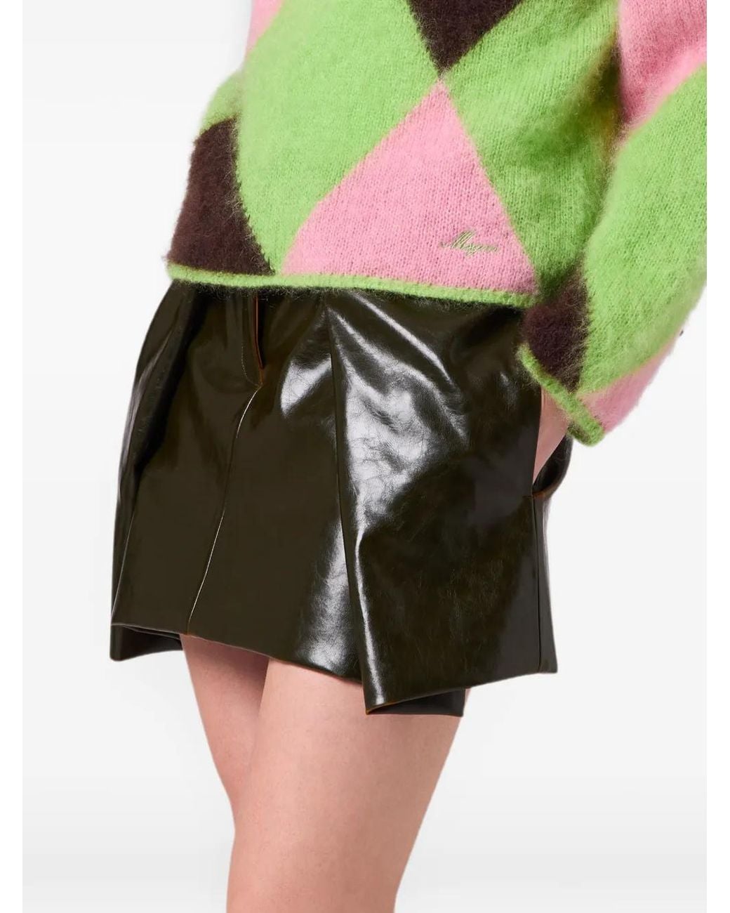 MSGM Green Argyle-Pattern High-Neck Sweater