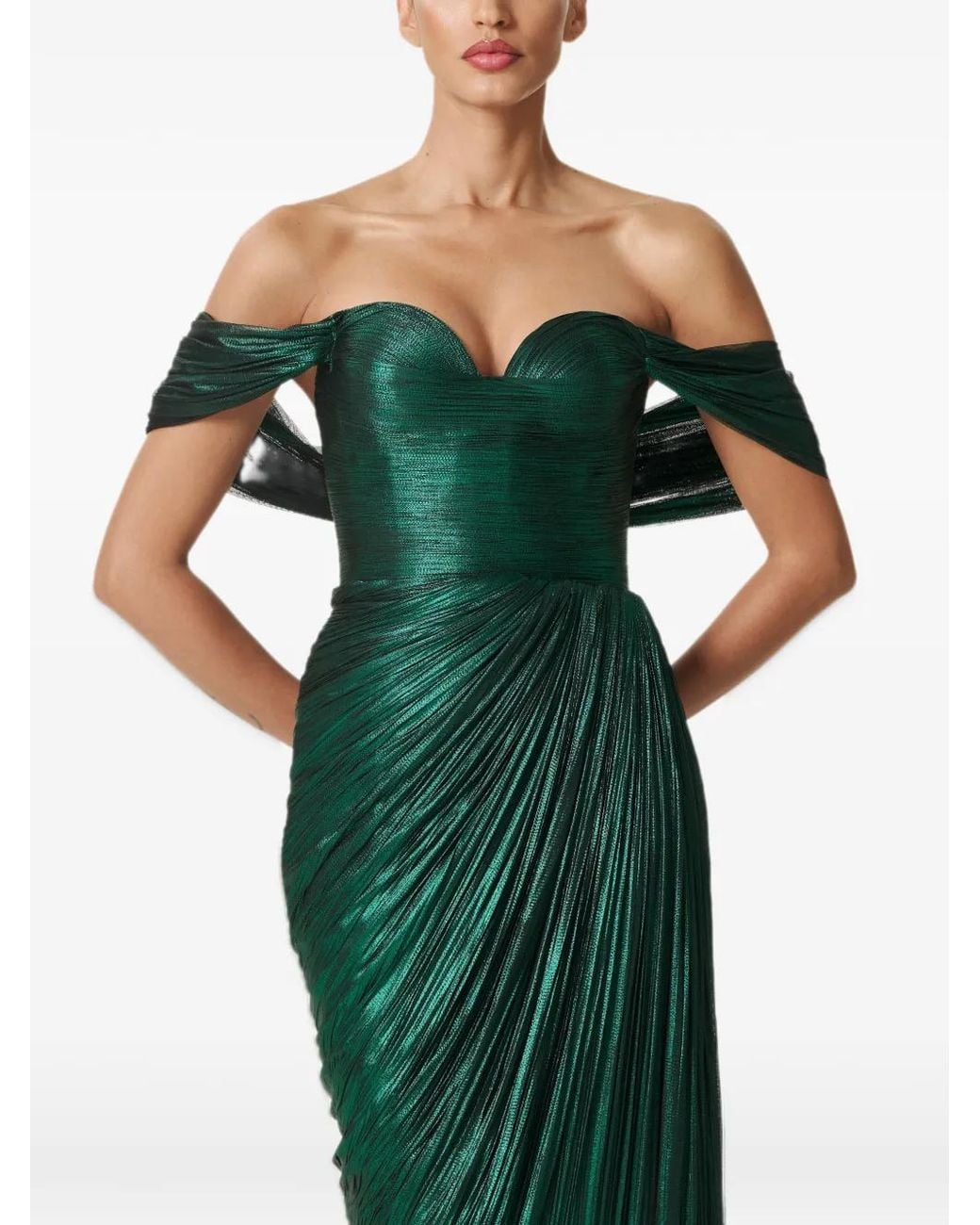 IRIS SERBAN Green Off-Shoulder Ruched Gown
