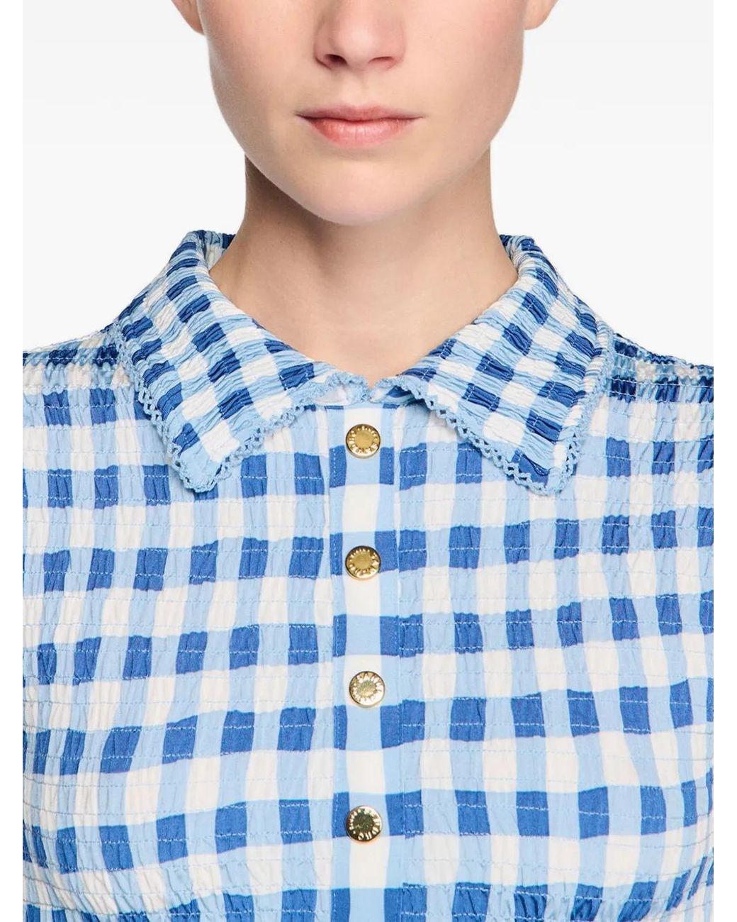 Sandro Blue Check Smocked Shirt