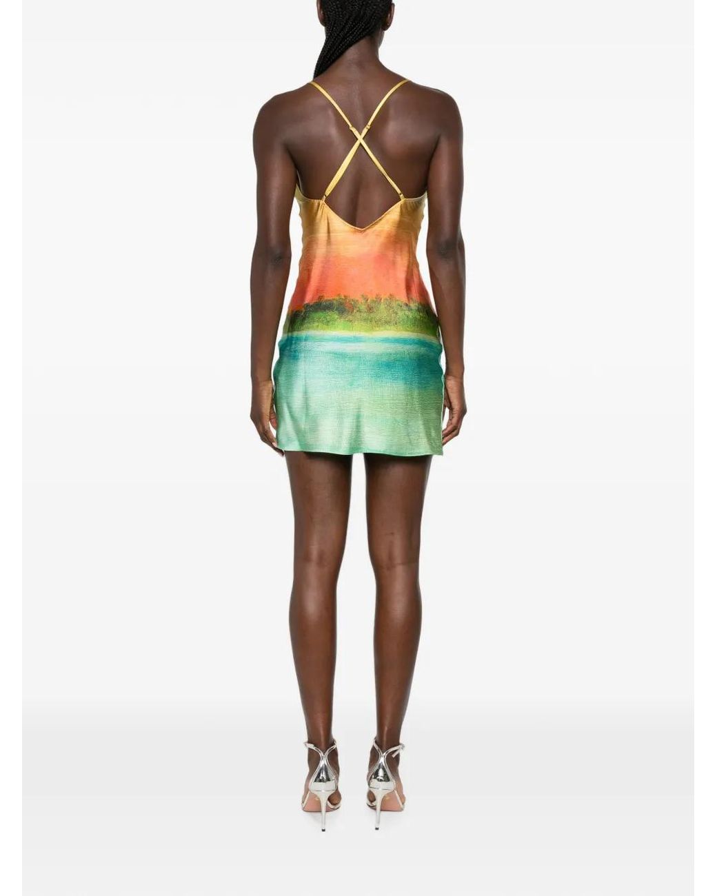 Donde Esteban Green Landscape-Print Cowl-Neck Mini Dress