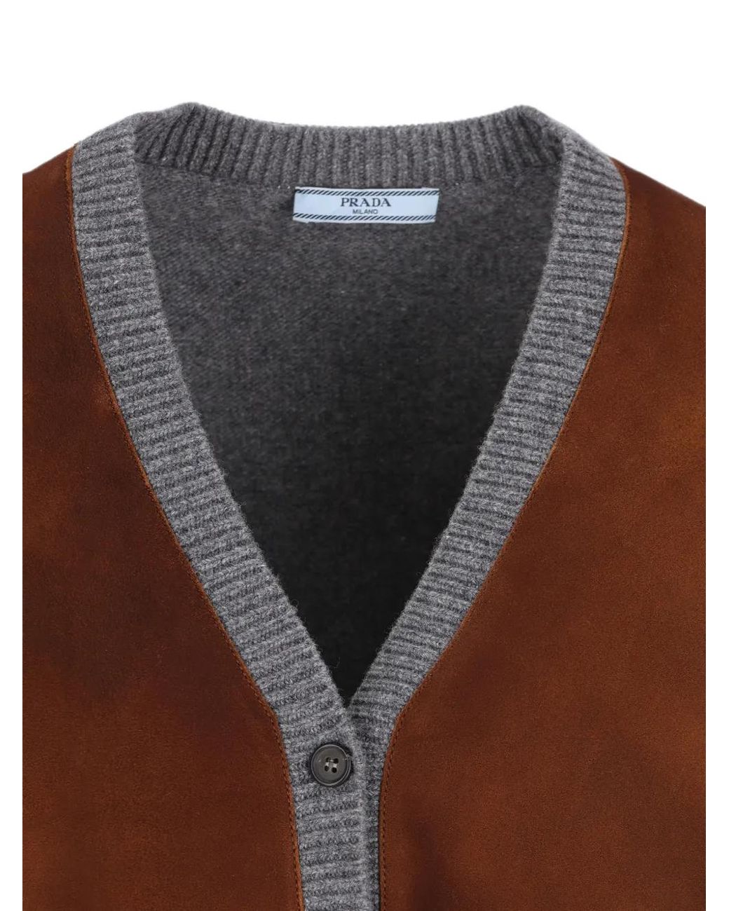 Prada Brown Suede-Panelled Virgin-Wool Cardigan