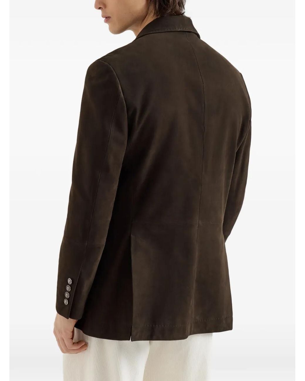 Brunello Cucinelli Brown Nubuck Blazer With Peak Lapels And Metal Buttons for men
