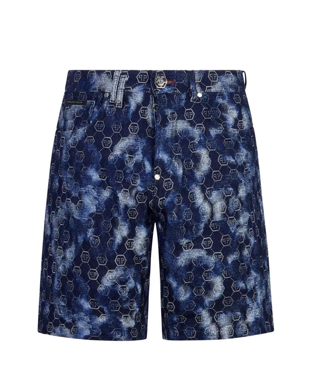 Philipp Plein Blue Monogram-Pattern Denim Shorts for men