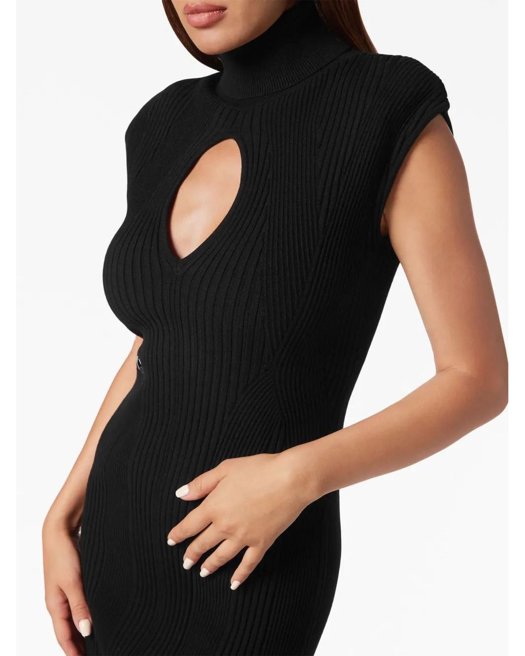 Philipp Plein Black Shoulder-Pads Ribbed Midi Dress