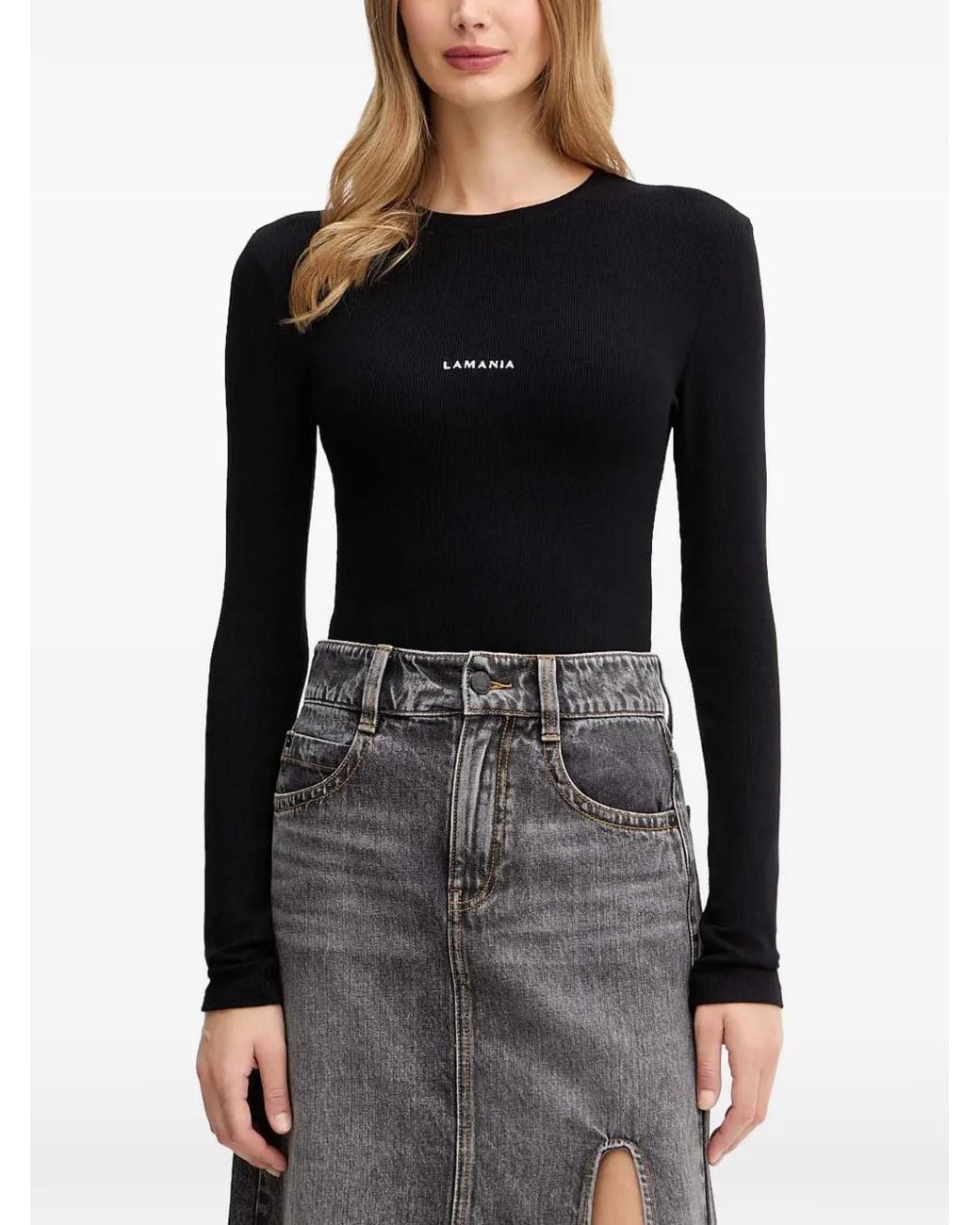 La Mania Black Gin Ribbed-Knit Logo-Print Top