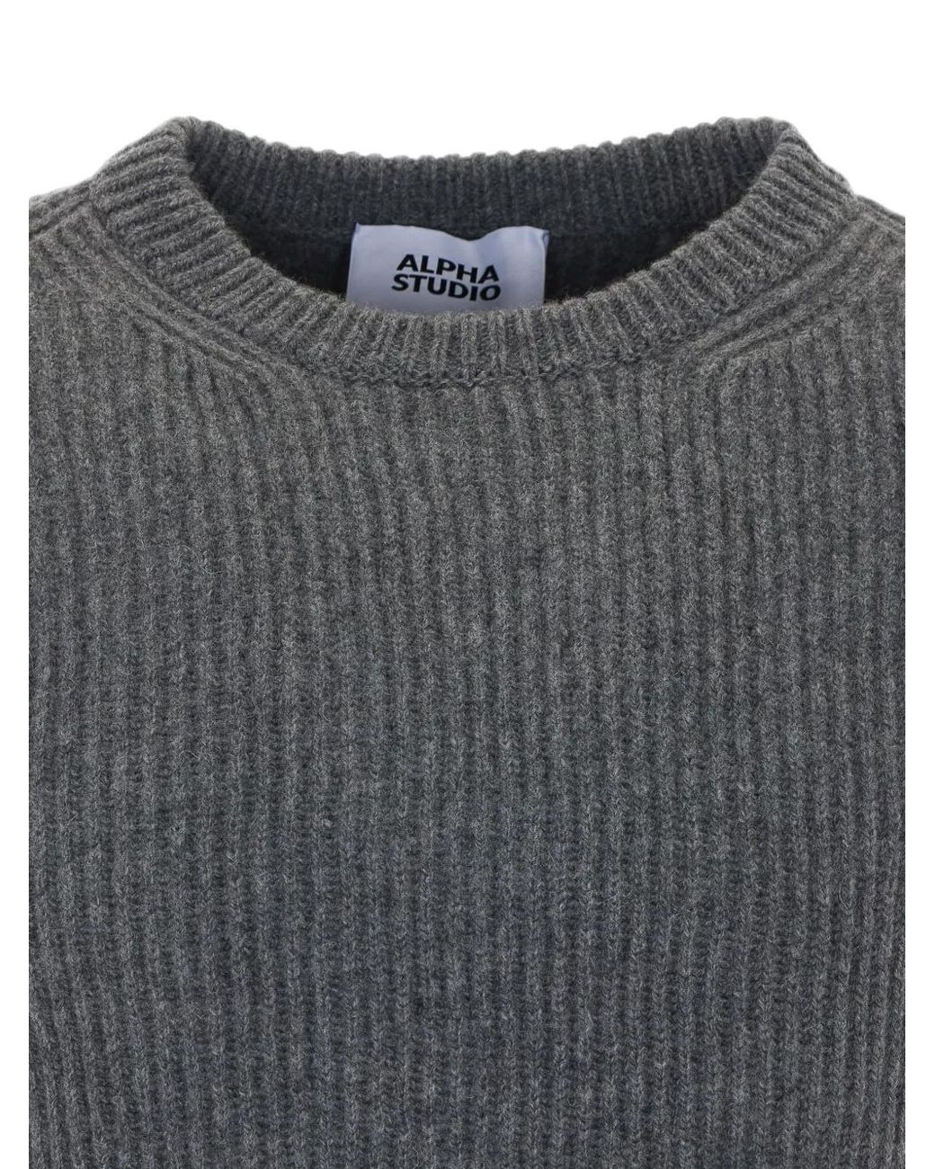 Alpha Studio Gray Ribbed-Knit Crew-Neck Sweater for men