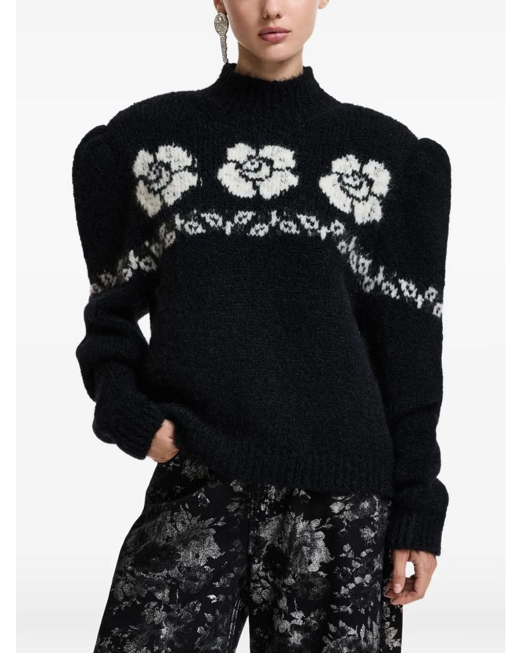 Essentiel Antwerp Black Kalendar Floral-Jacquard Stand-Up Collar Sweater