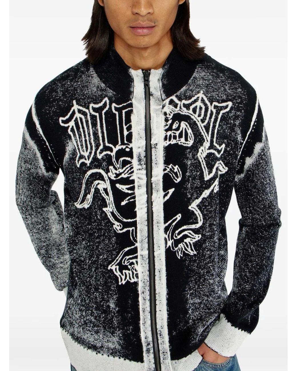 DIESEL Black Treated Zip Cardigan With Griffin Motif for men