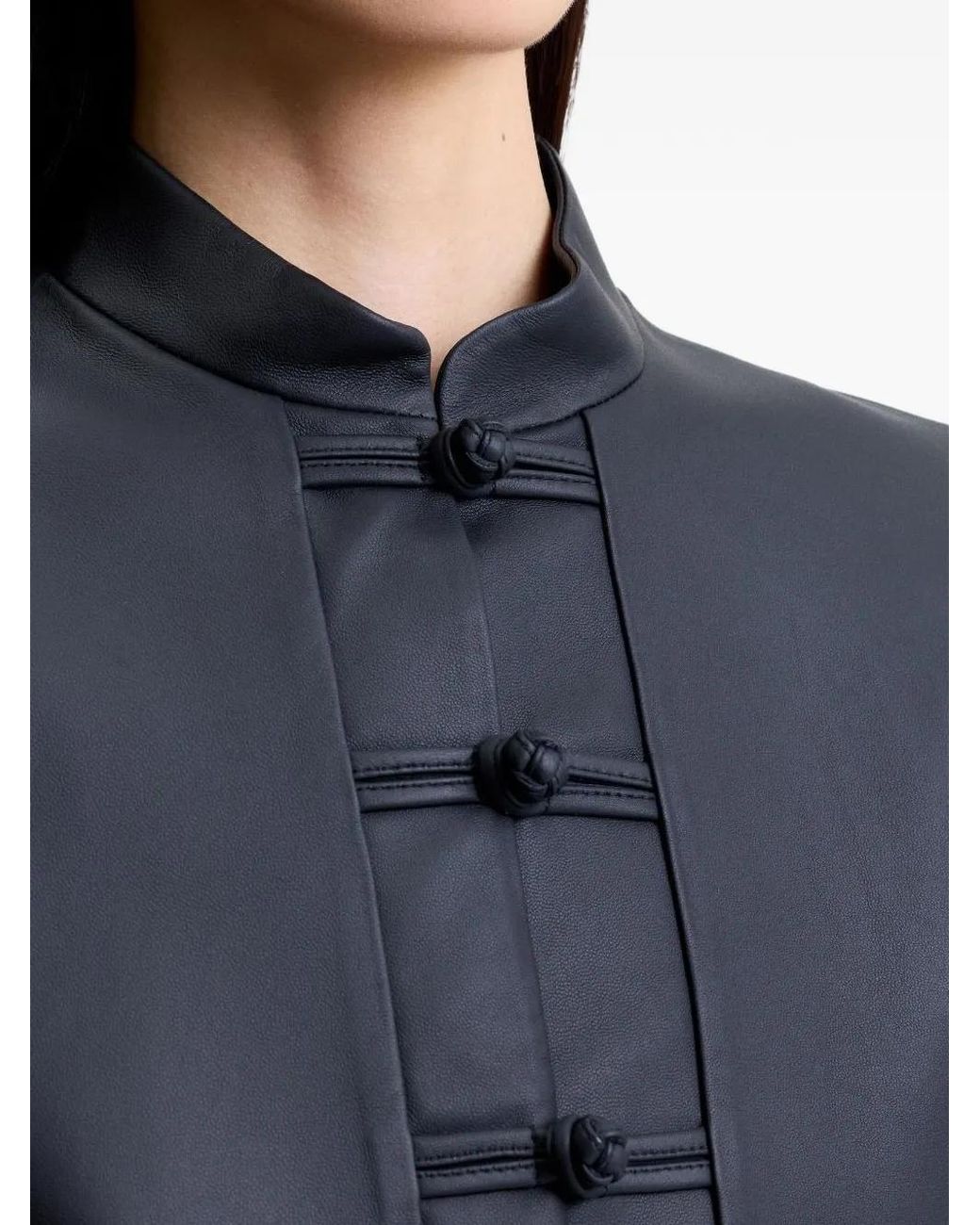 Shanghai Tang Black Buttoned Leather Jacket