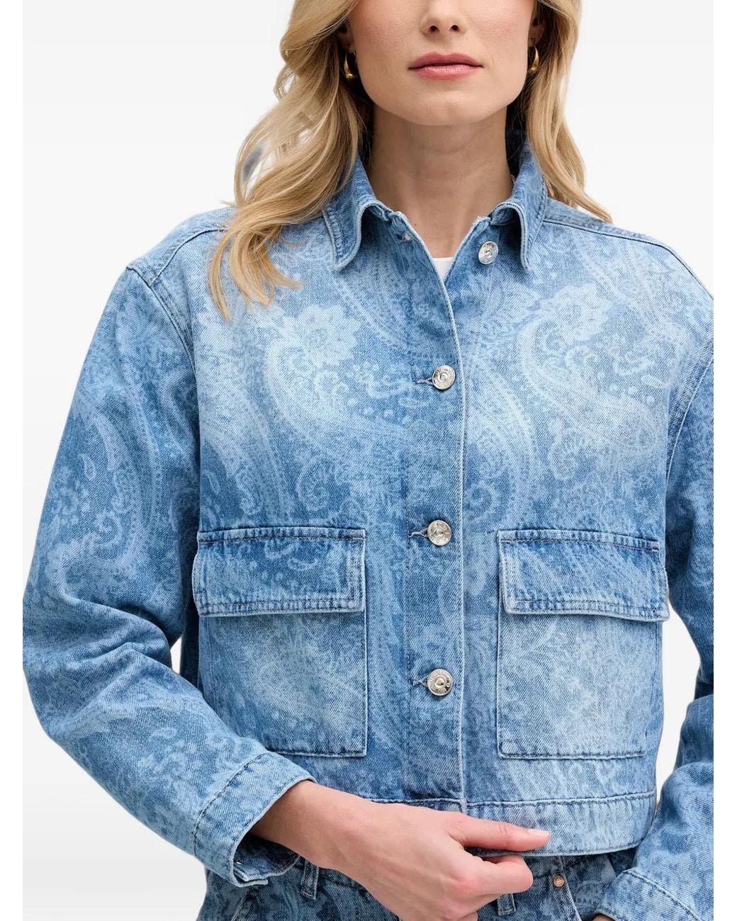 Ouí Blue Veste Crop En Jean À Motif Cachemire