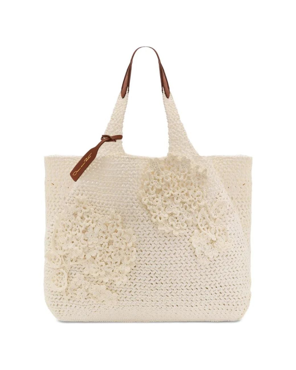 Oscar de la Renta Natural Flower-Embroidered Shoulder Bag