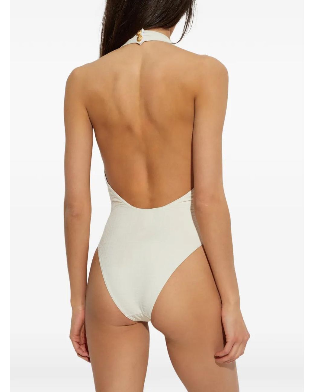 Balmain White Monogram-Jacquard Halterneck Swimsuit