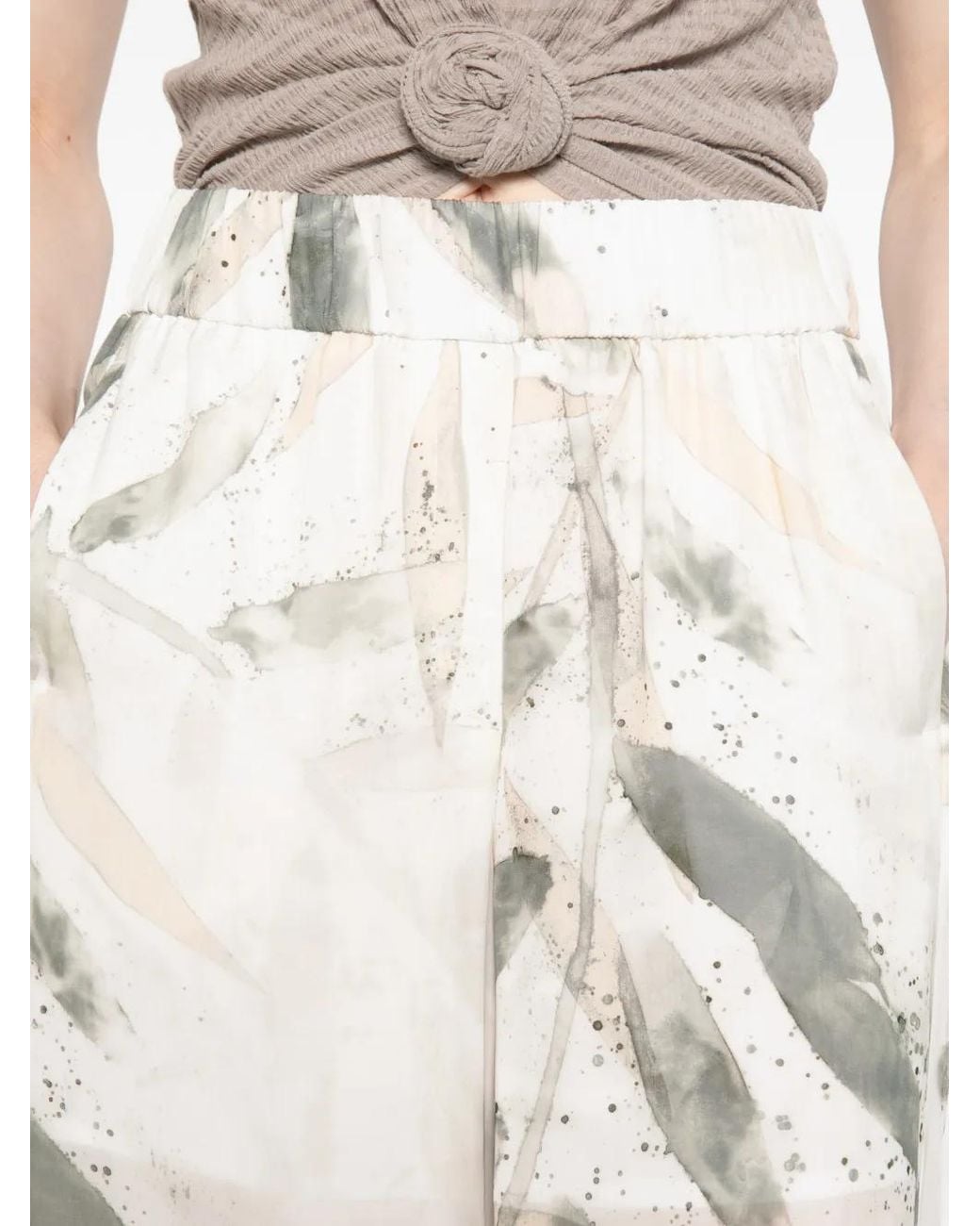 Peserico White Leaf-Print Elasticated Trousers