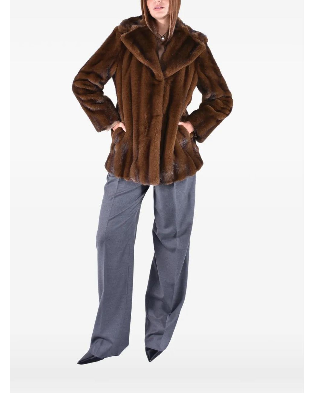 Max Mara Brown Faux-Fur Wide-Lapel Jacket