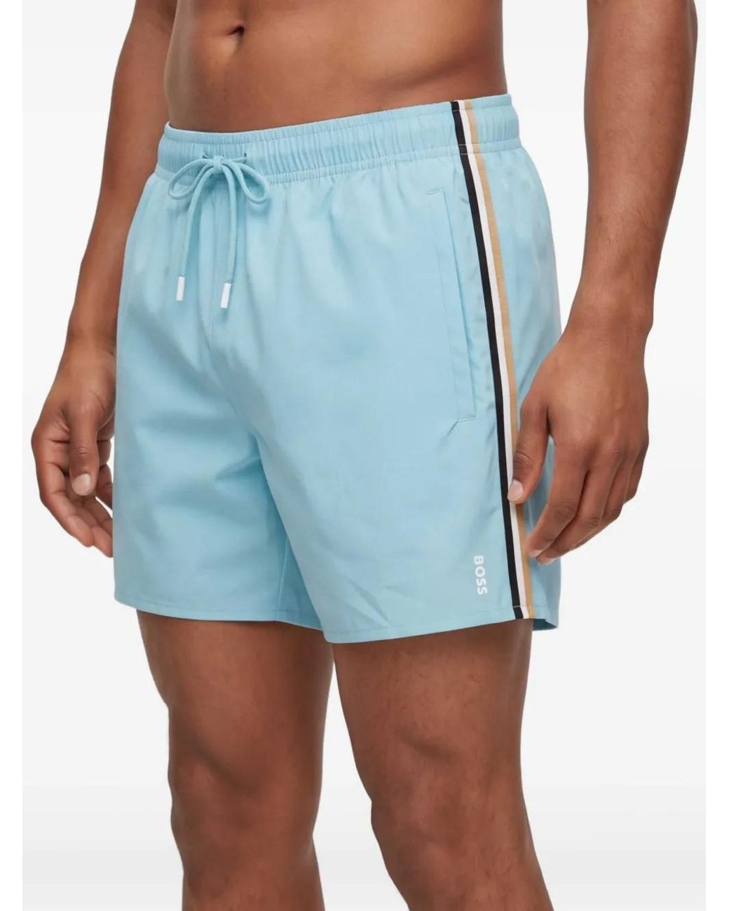 Boss Blue Striped Logo Swim Shorts for men