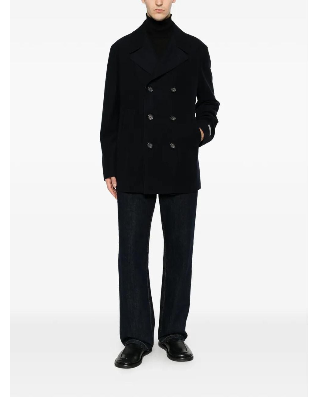 Canali Black Logo-Patch Double-Breasted Peacoat for men