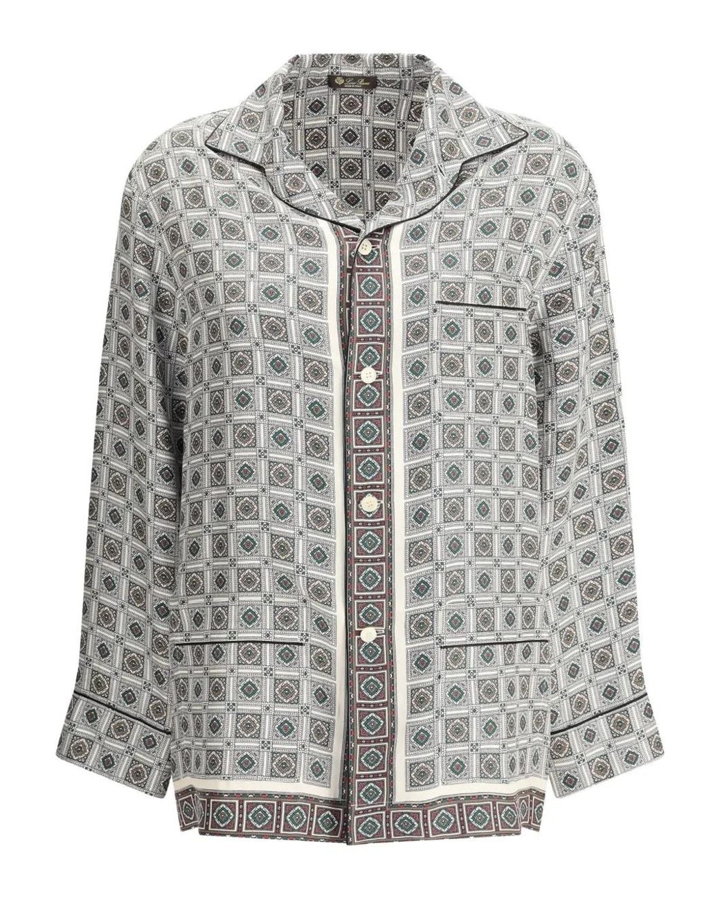 Loro Piana Gray Geometric-Print Silk Shirt
