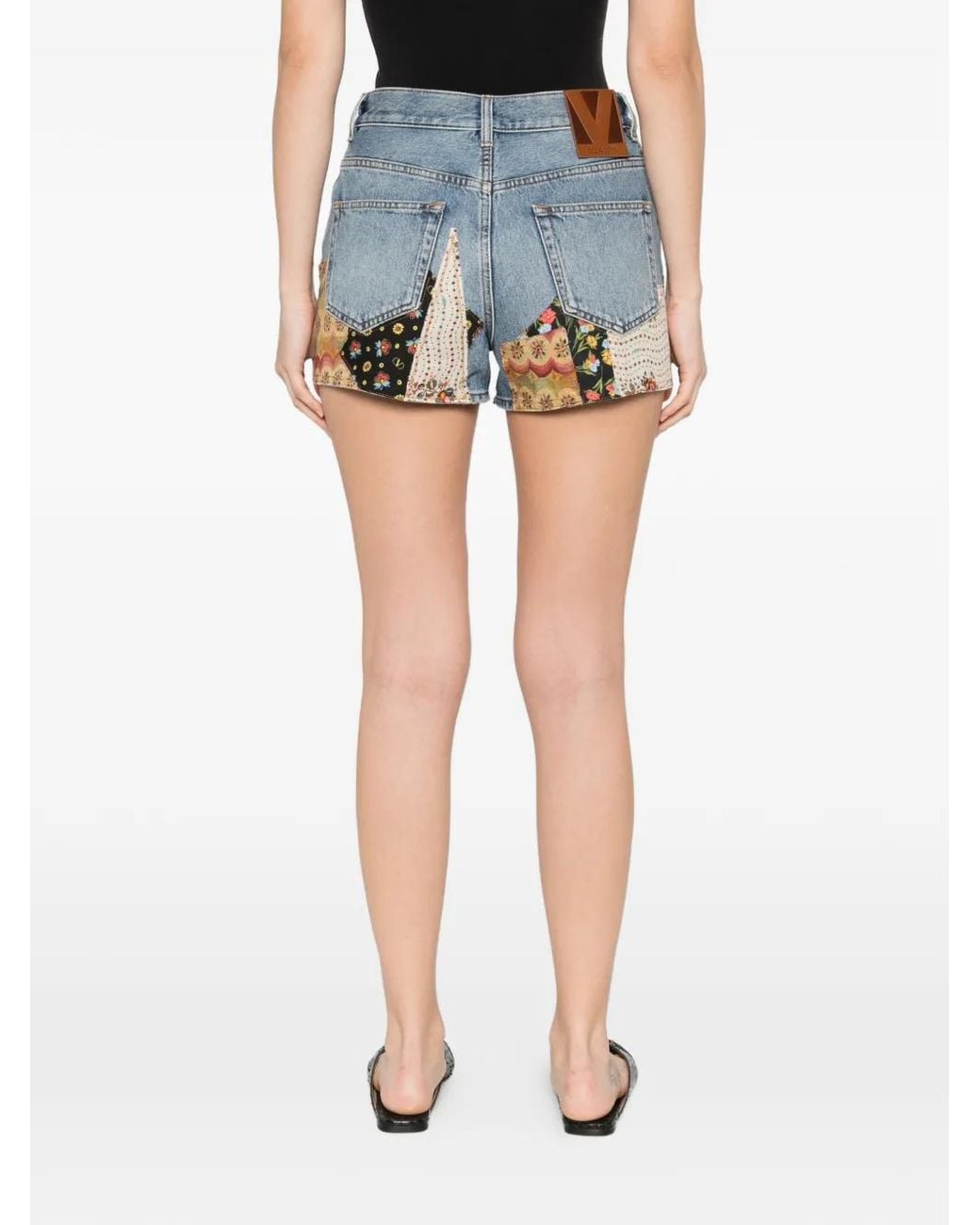 Valentino Garavani Blue Patchwork Beaded-Appliqué Denim Shorts