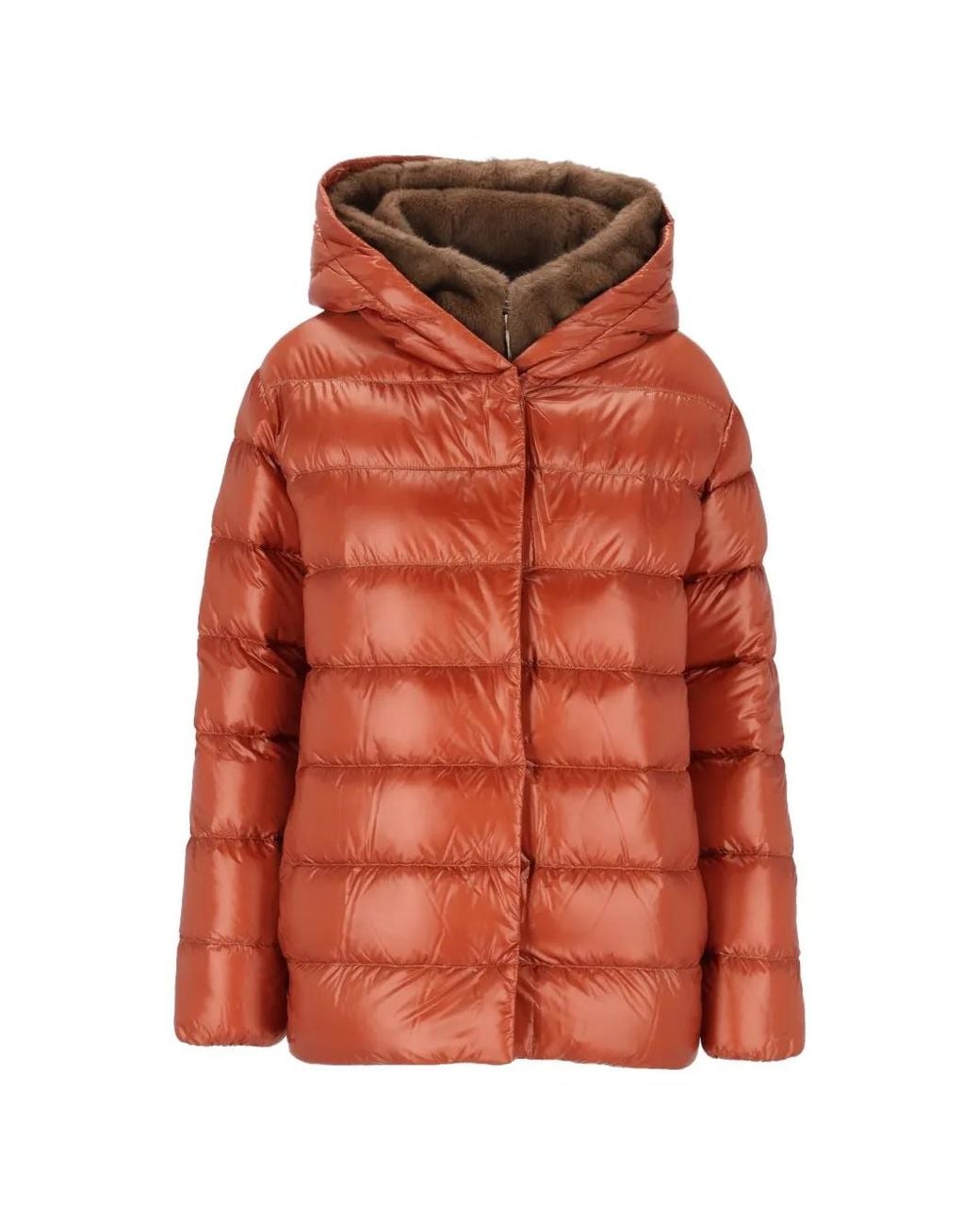 Herno Orange Quilted Faux-Fur Trim Coat