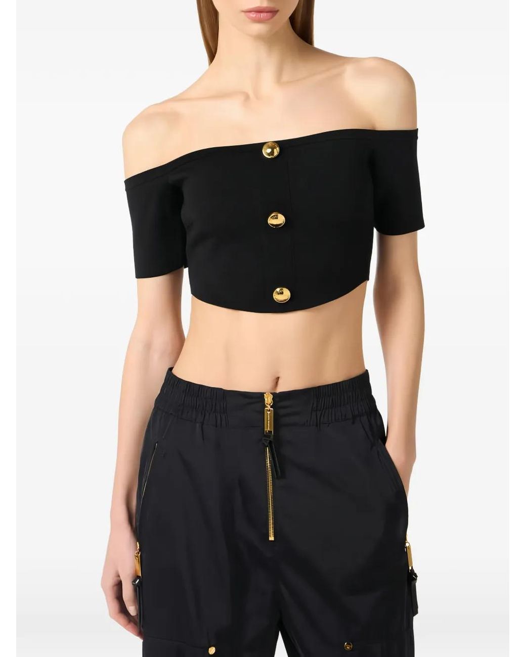 Elisabetta Franchi Black Button Cropped Knit Top
