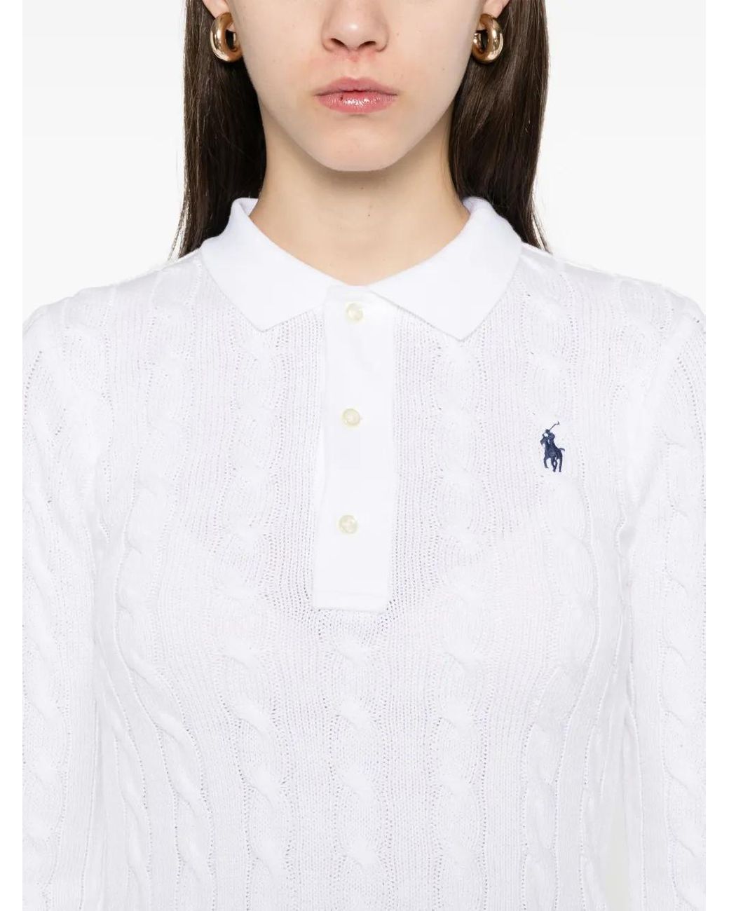 Polo Ralph Lauren White Cable-Knit Cotton Polo Sweater