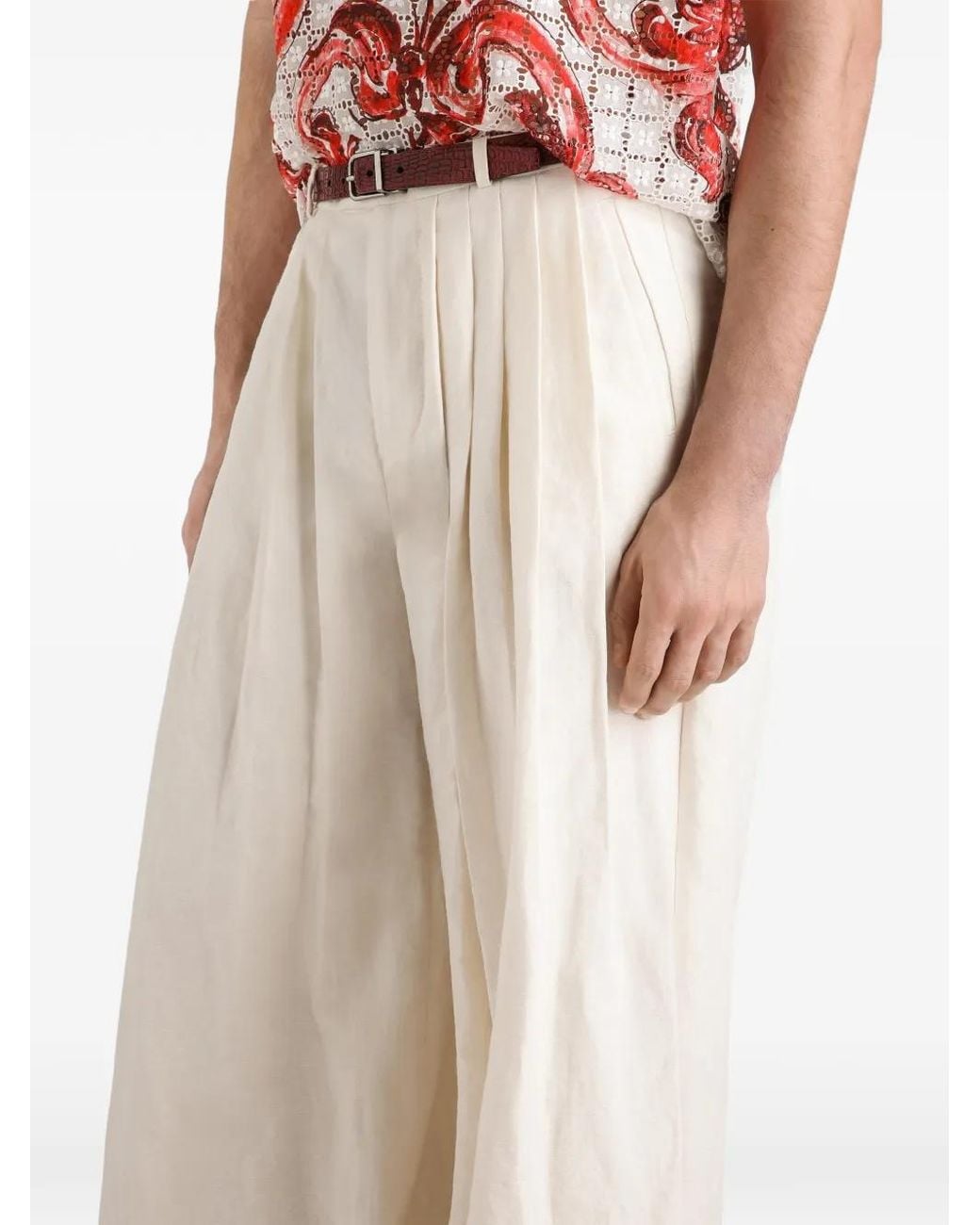 Dolce & Gabbana White Cotton Linen Trousers With Pleats for men