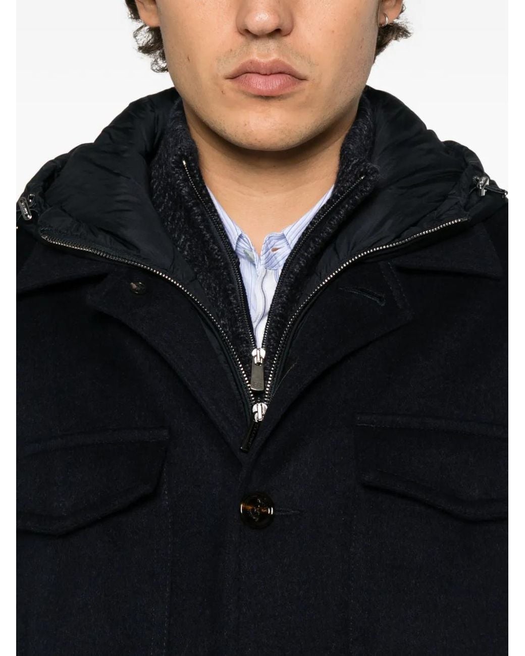 Moorer Blue Hooded Button-Up Jacket for men