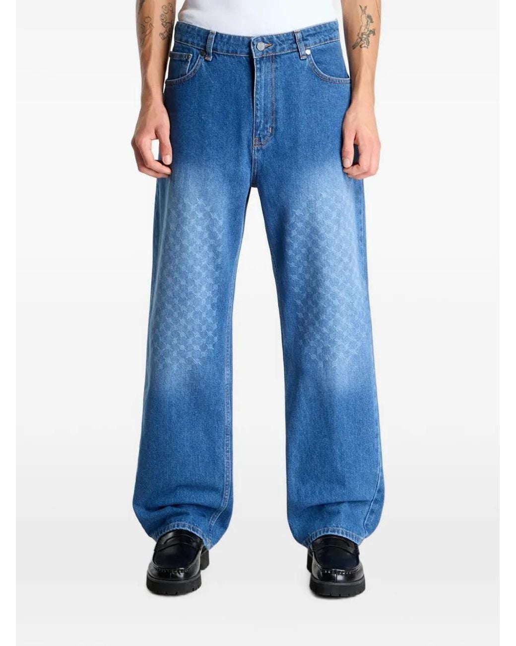 Daily Paper Blue Monogram-Pattern Wide-Leg Jeans for men