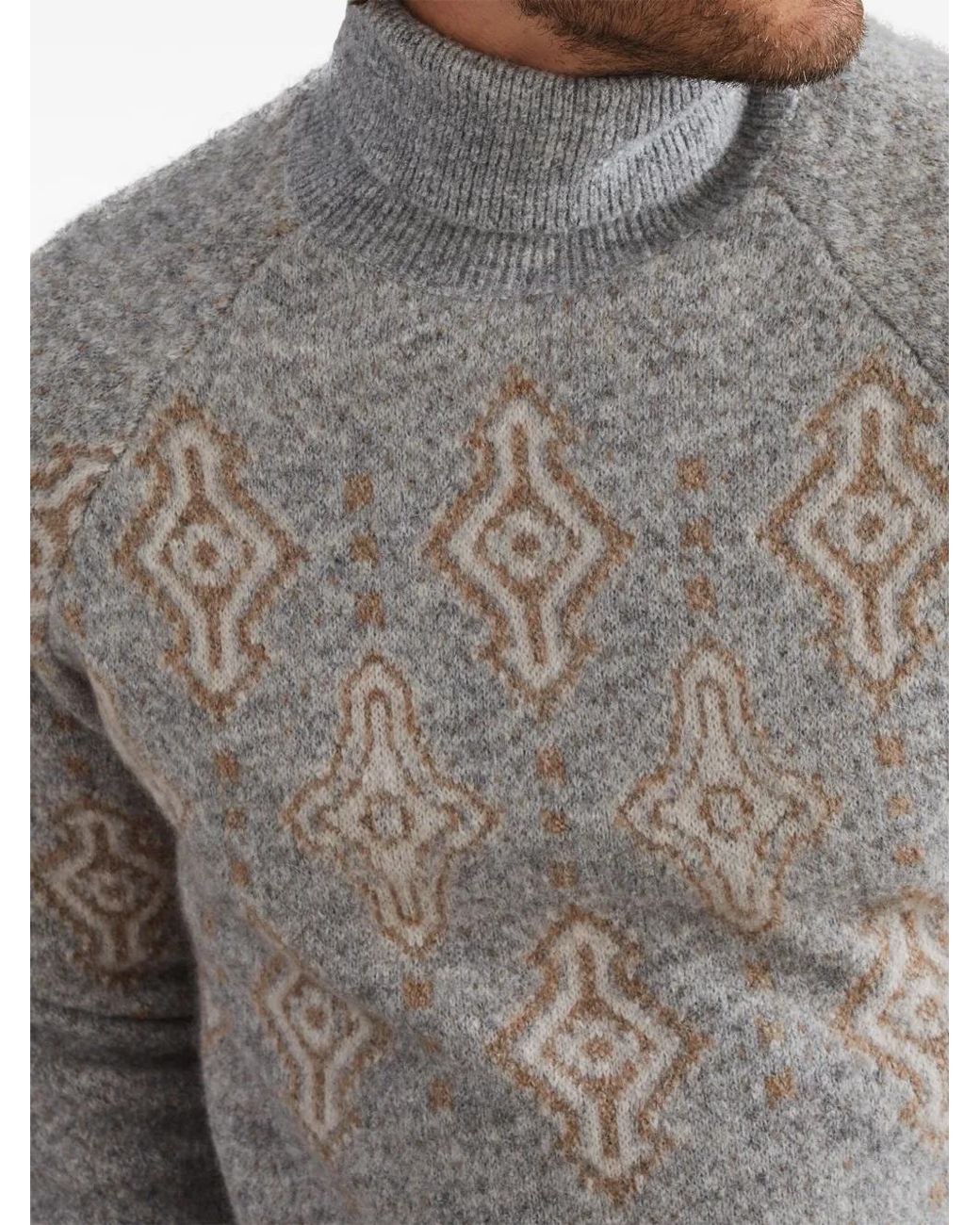 Brunello Cucinelli Gray Geometric Alpaca Cotton Turtleneck Sweater for men