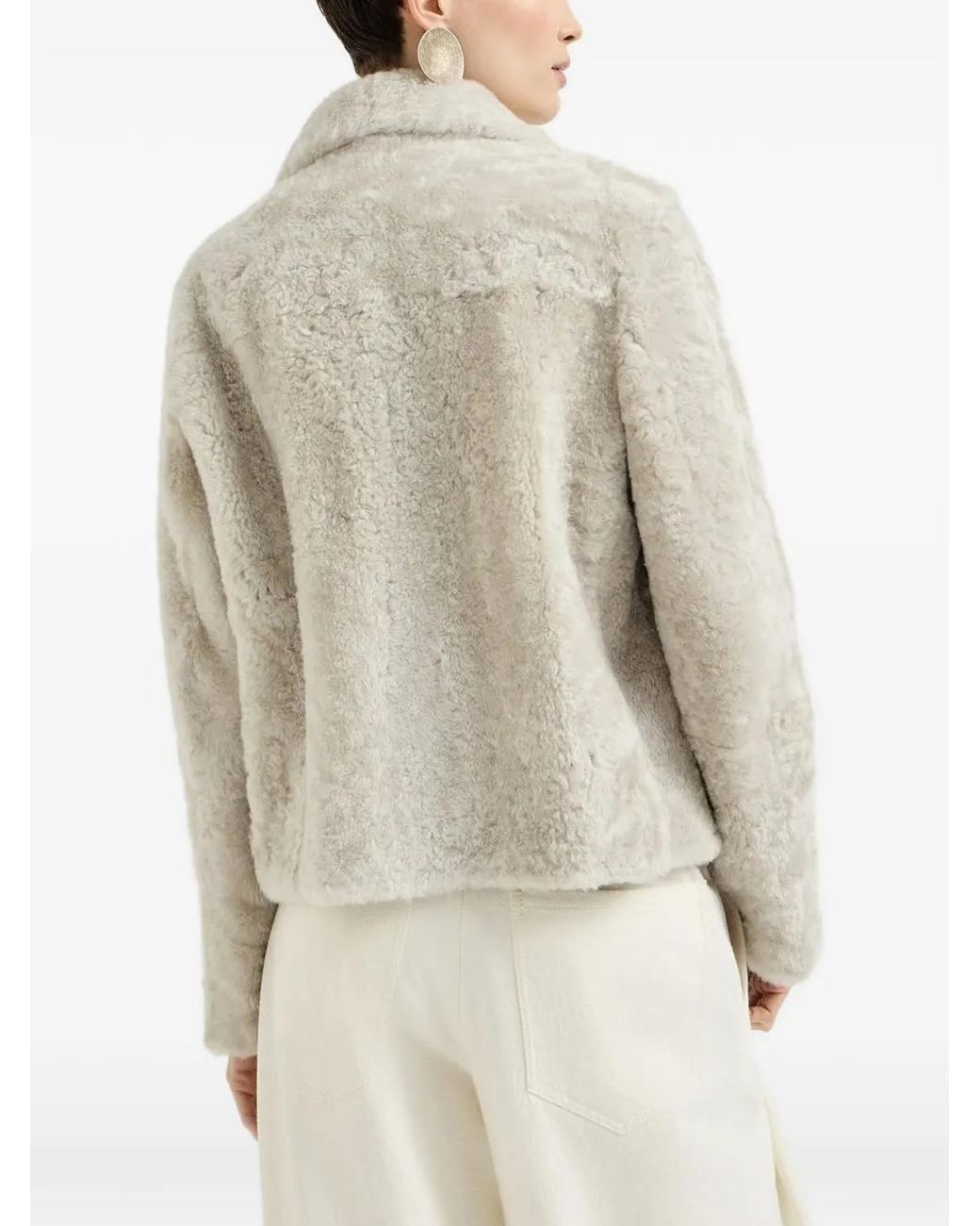 Brunello Cucinelli White Fuzzy Shearling Pea Coat