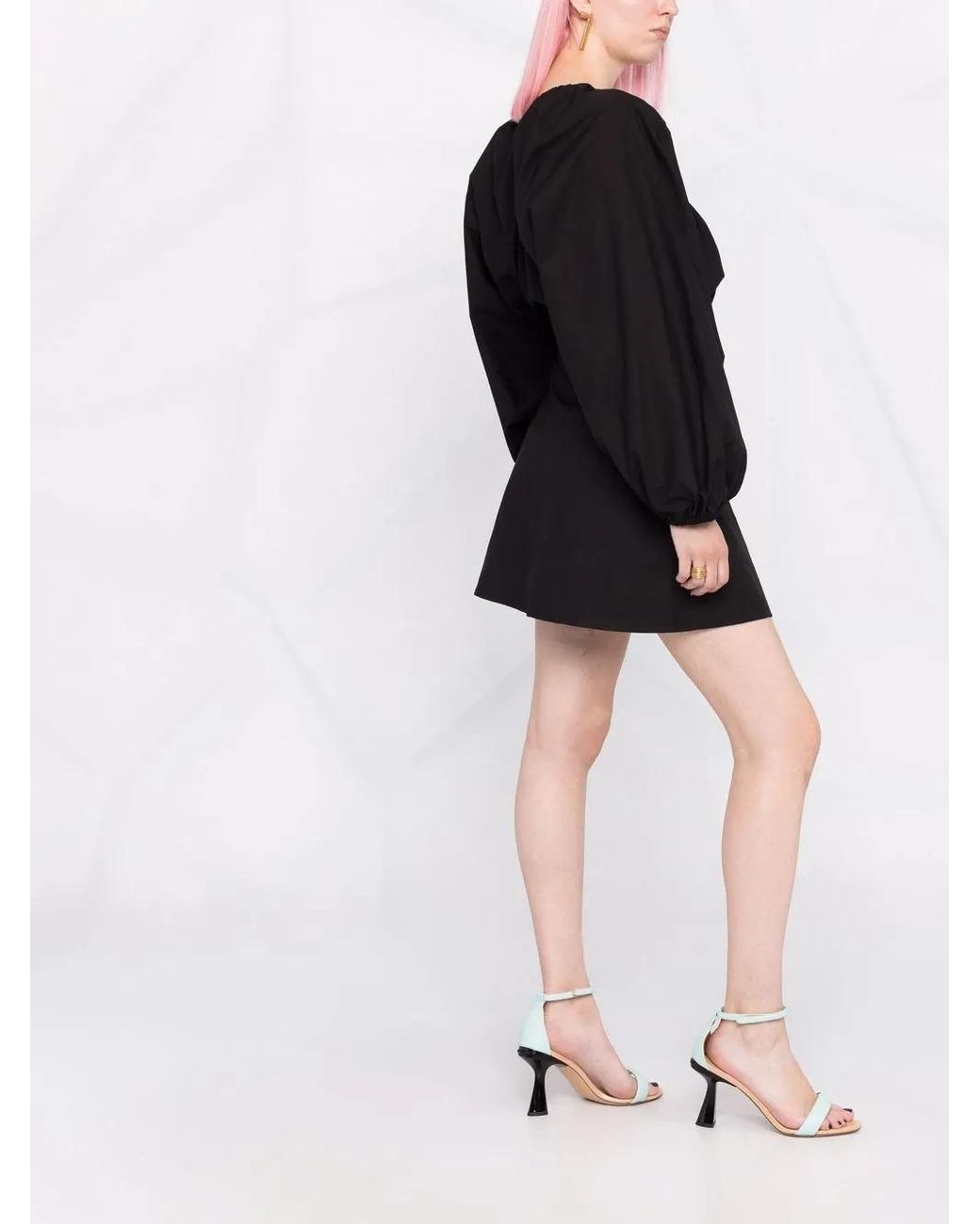 Patou Black Balloon-Sleeve Belted Mini Dress