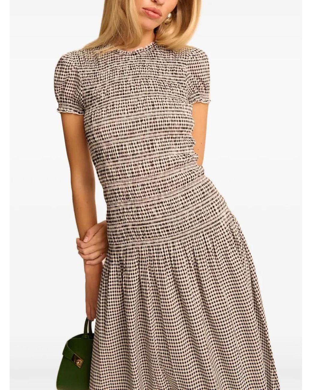 Reformation Gray Gingham Smocked Dress
