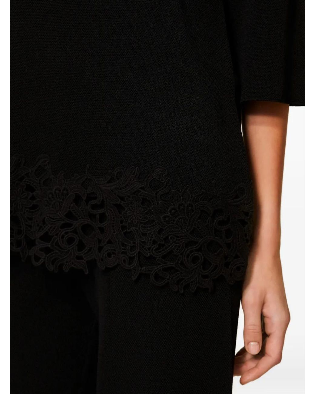 Twinset Black Lace-Hem Quarter-Sleeve Tunic