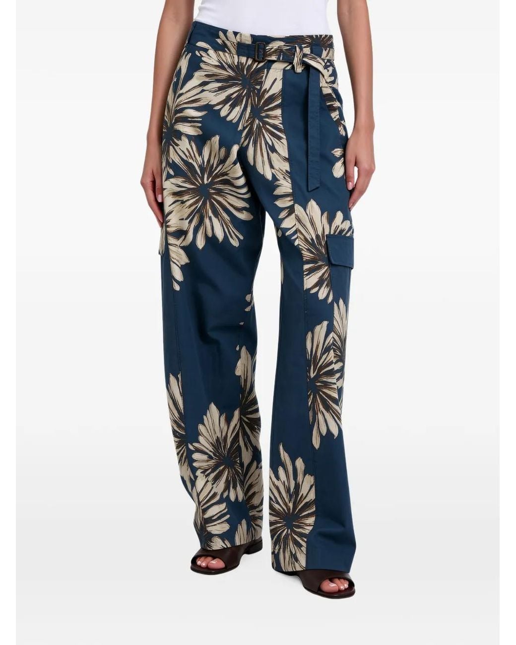 Brunello Cucinelli Blue Floral-Print Belted Palazzo Pants