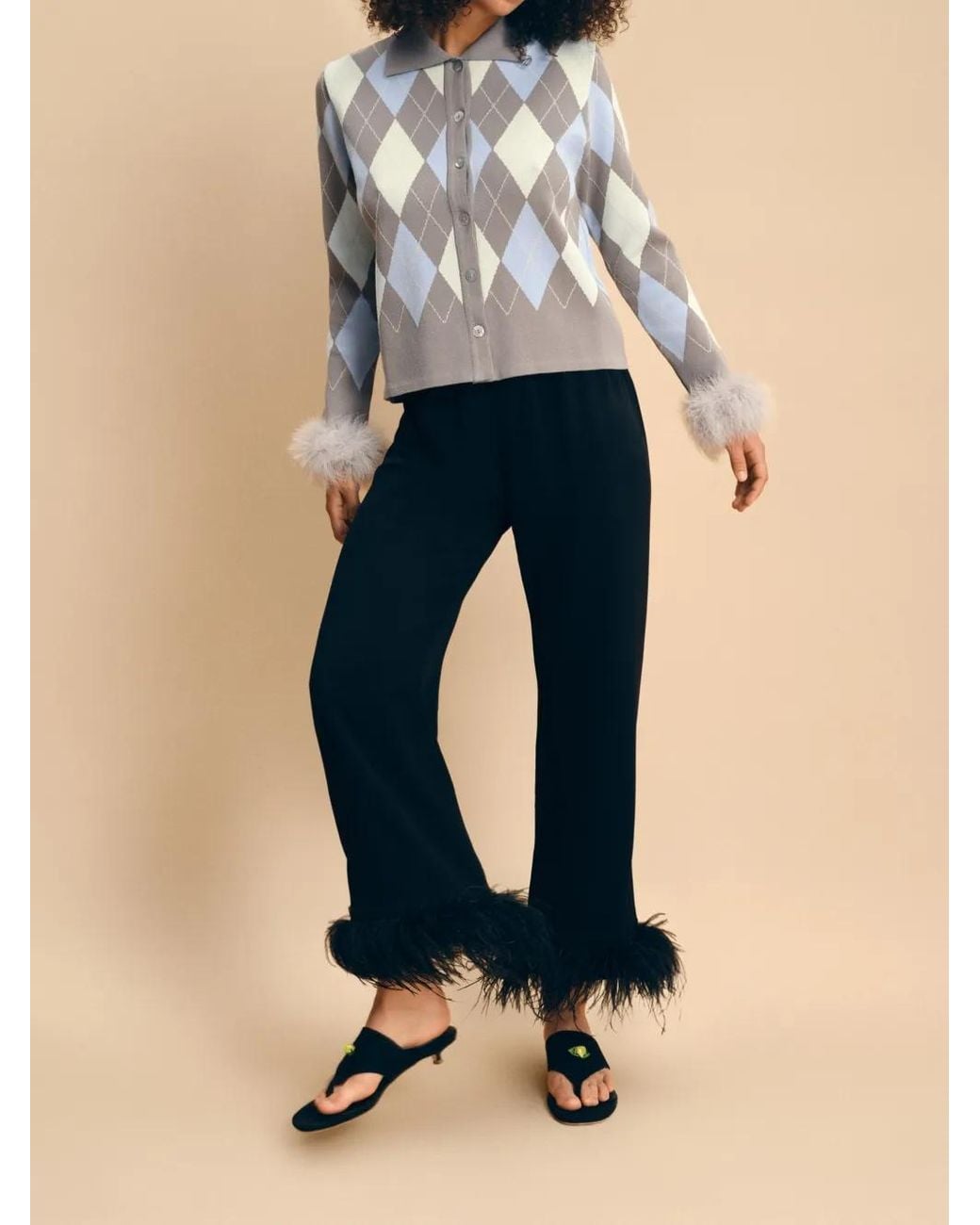 Sleeper Blue Argyle Feather-Trim Cardigan