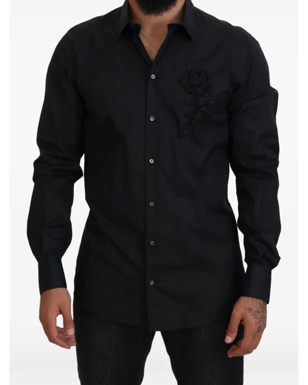 Dolce & Gabbana Black Rose-Embroidered Slim-Fit Shirt for men