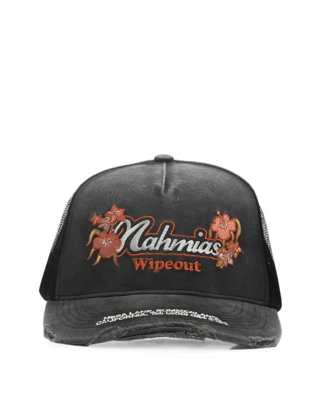 NAHMIAS Black Wipeout Embroidered Distressed Trucker Hat for men