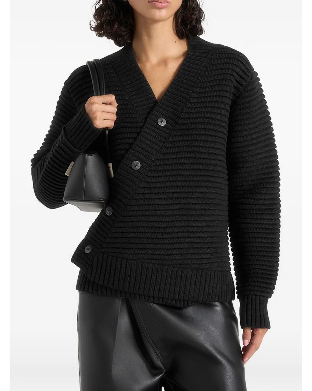 Manière De Voir Black Cardigan Dani En Maille Côtelée De Laine Mélangée Brossée À Design Asymétrique