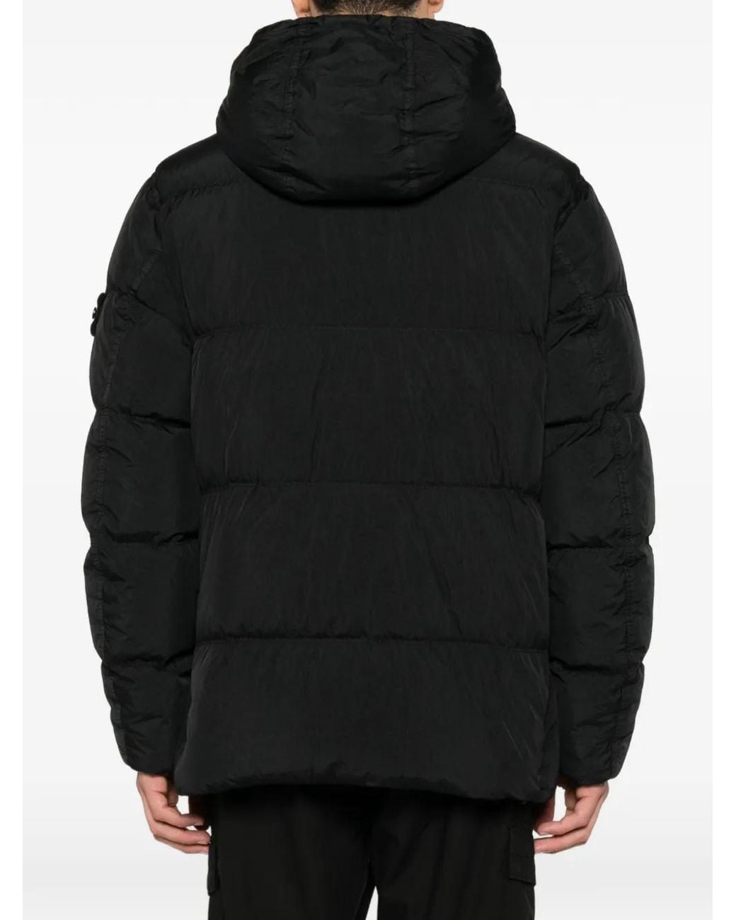 Stone Island Black Crinkle Reps Ny Hooded Down Jacket With Logo Badge On The Left Sleeve for men