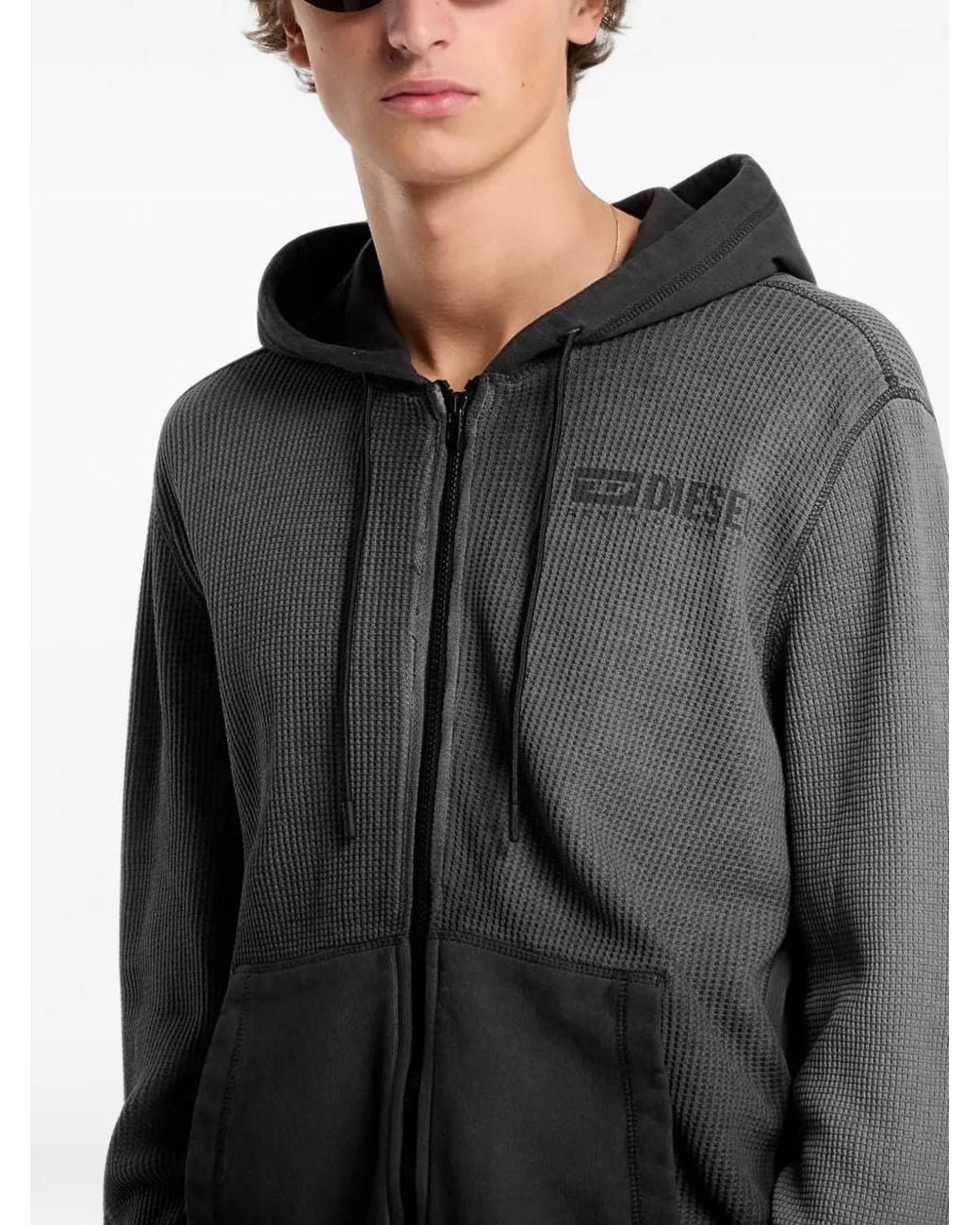 DIESEL Gray Waffle Zip-Up Hoodie With Dégradé Effect for men