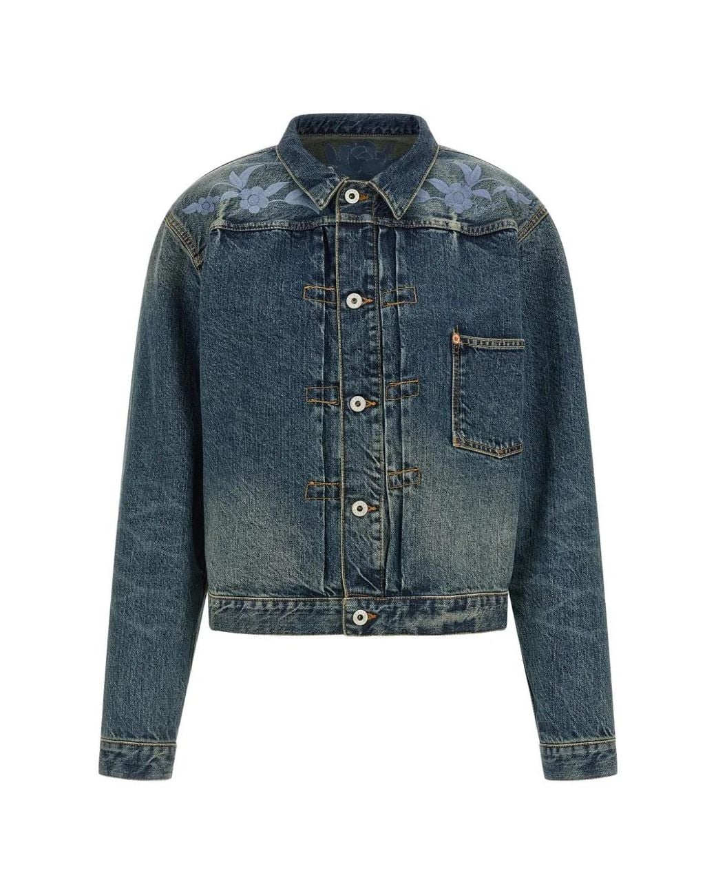 KENZO Blue Floral-Embroidered Denim Jacket for men